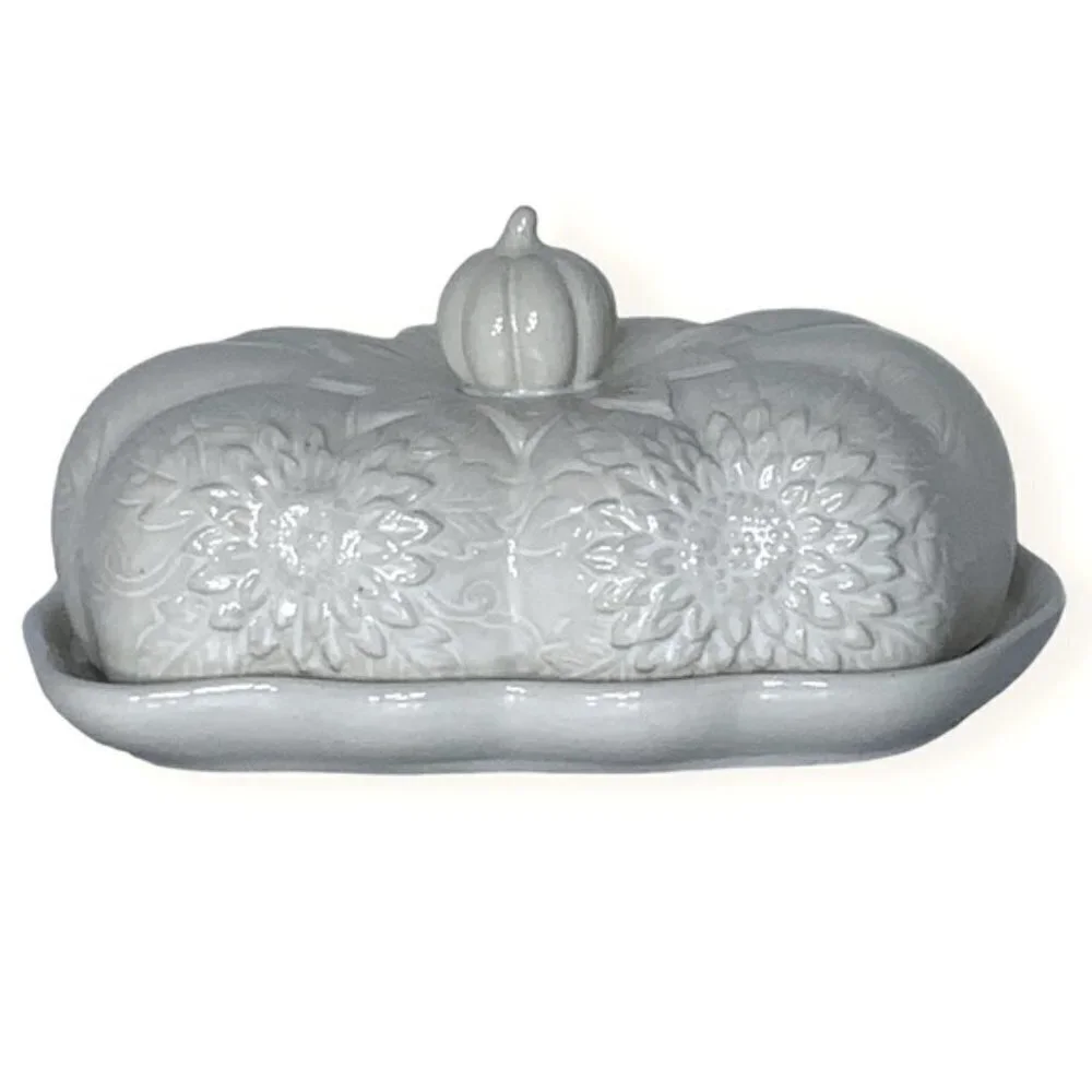 Harvest Pumpkin Covered Butter Dish With Lid Large Ceramic Floral White Cream